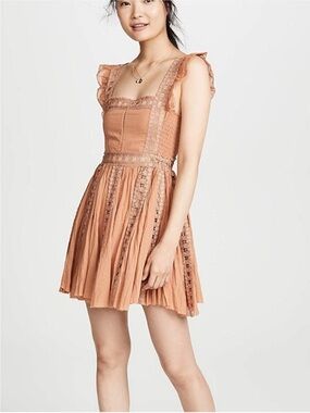 Free People Camel Lace Trim Square Neck Mini Dress